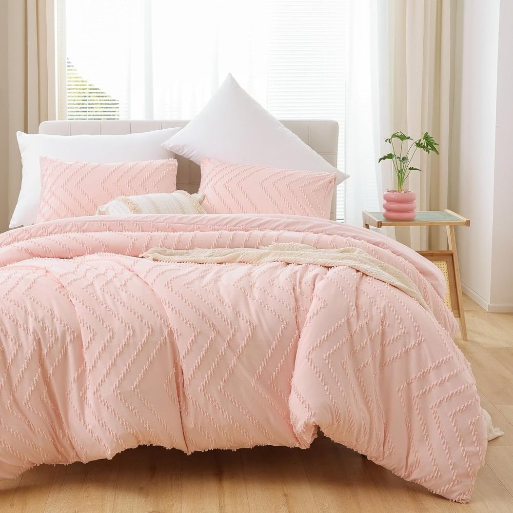 Chevron Tufted Texture Petal Pink Blush Full Size Bed Comforter Set Bedding New